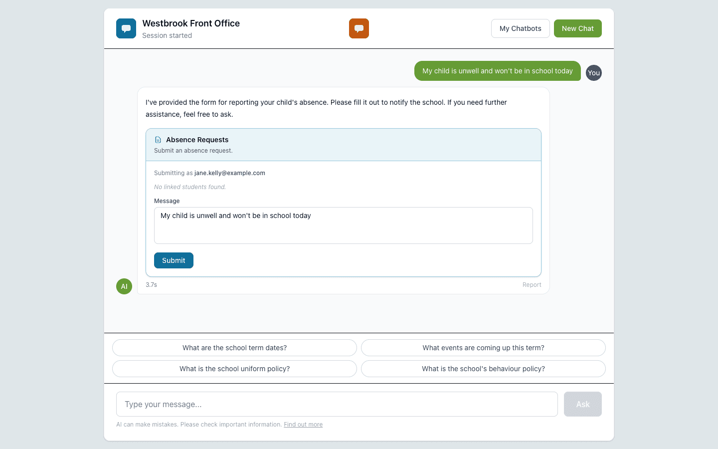 Chatbot offering an absence-reporting form mid-conversation, with the parent's message pre-filled