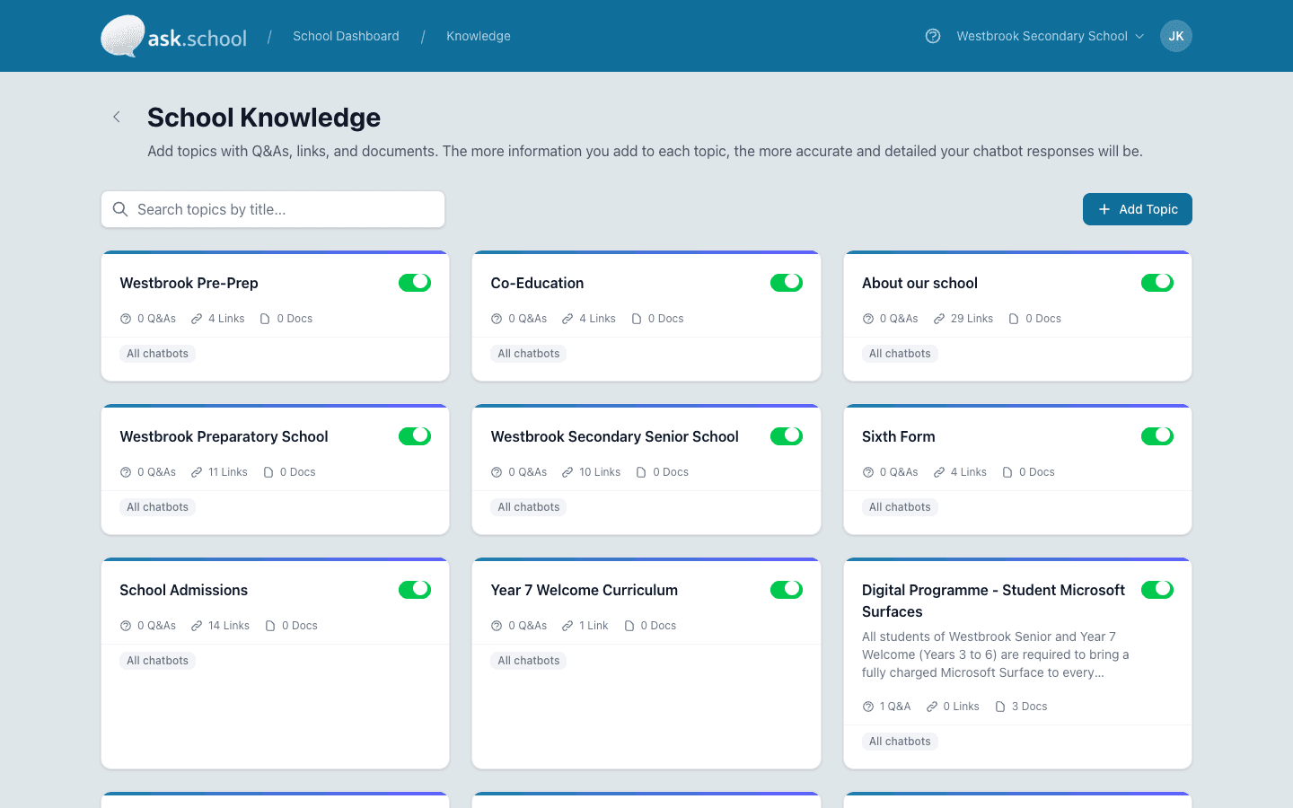 School Knowledge view with topic cards covering admissions, term dates, school day, sixth form and more