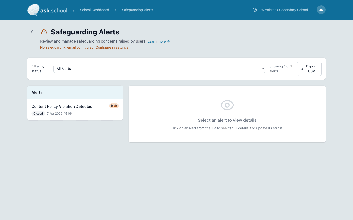 School Safeguarding Alerts page showing flagged events for the DSL to review