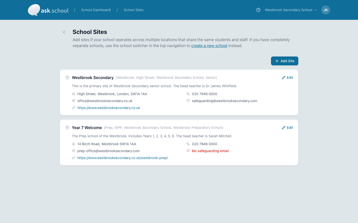 School Sites configuration with multiple campuses, addresses, phones, safeguarding contacts