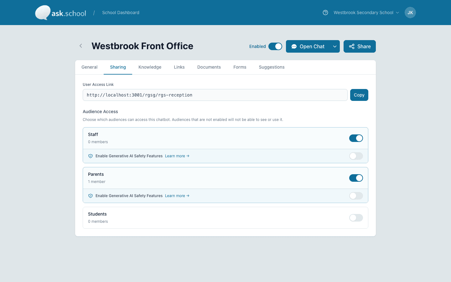Chatbot permissions view with per-audience access toggles