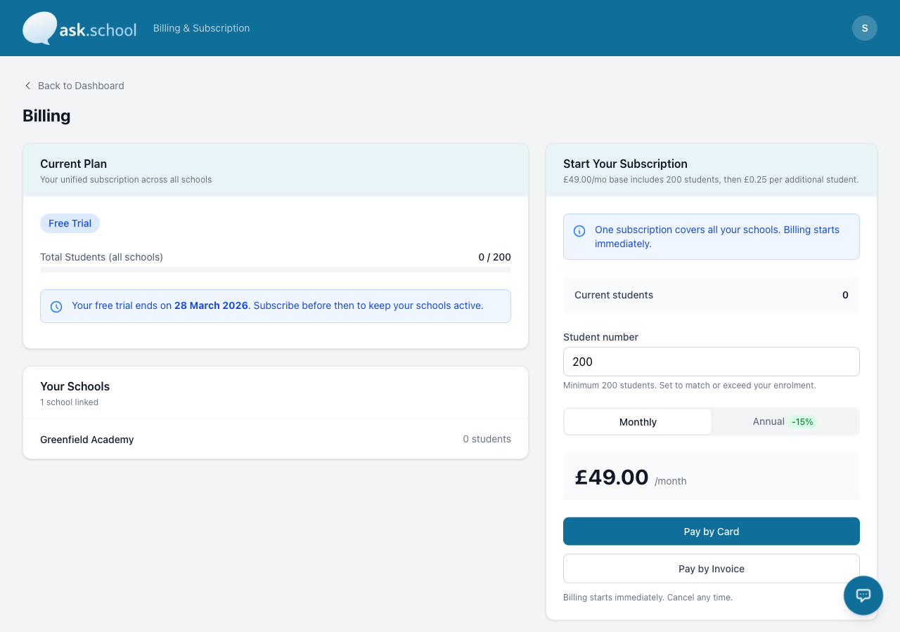 Billing page with current plan, schools, and subscription options