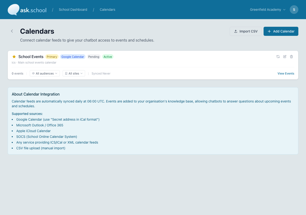 Calendar feed list showing School Events with sync status