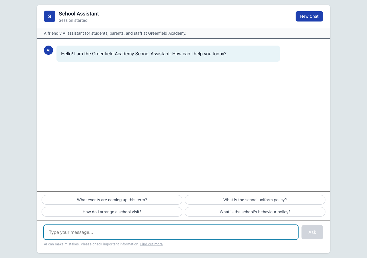 Chat interface with welcome message, prompt suggestions, and input