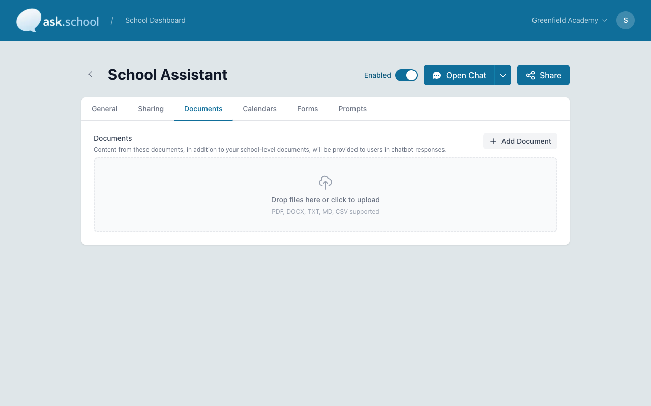The Documents tab with upload area for chatbot-specific documents