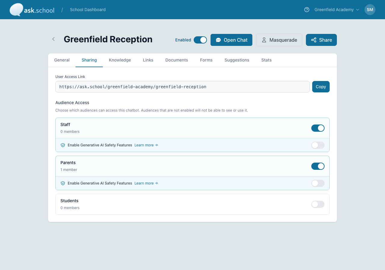 The Sharing tab showing the User Access Link and Audience Access toggles for Staff, Parents, and Students