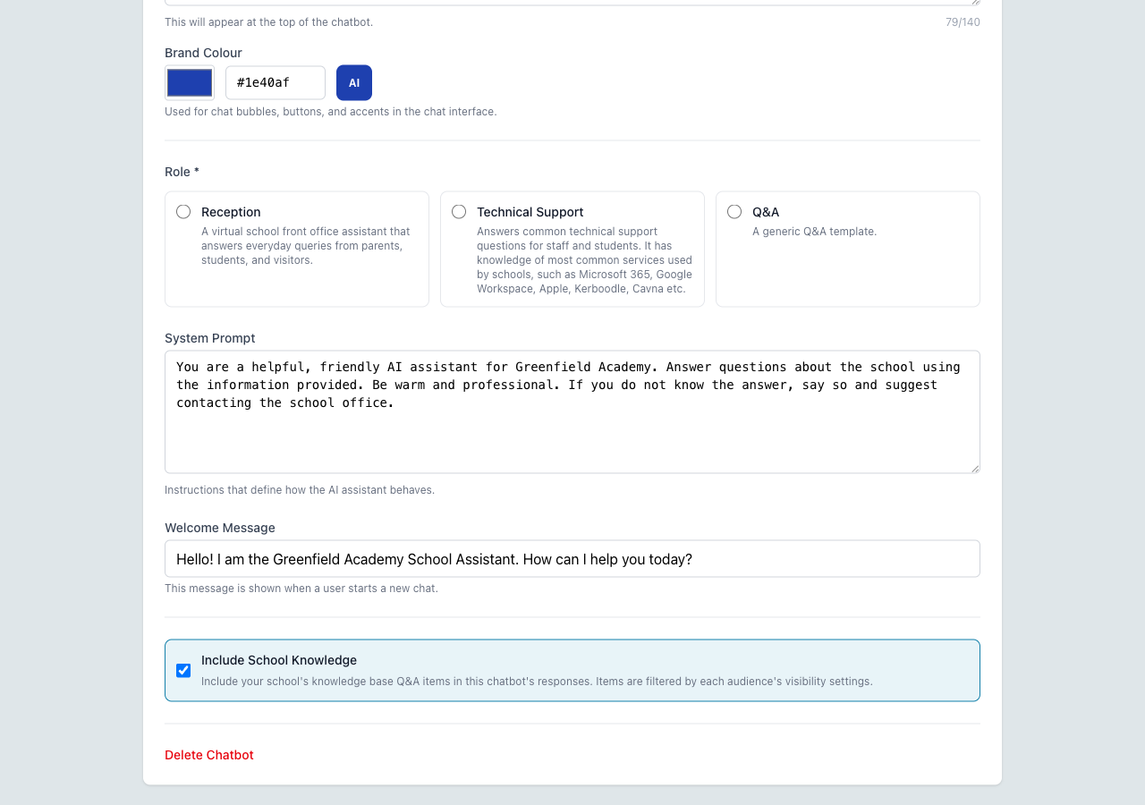 The General tab scrolled to show role templates, system prompt, welcome message, and Include School Knowledge toggle