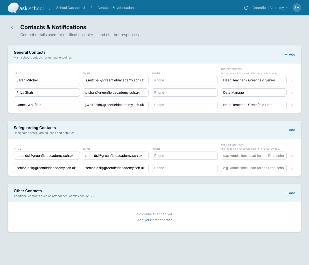 The Contacts & Notifications page with three sections — General Contacts, Safeguarding Contacts, and Other Contacts