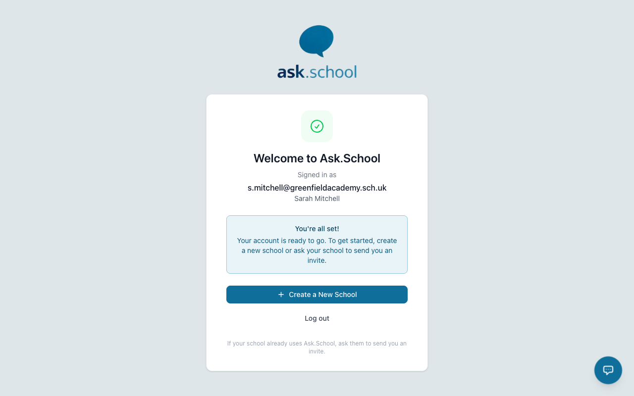 The welcome screen with the Create a New School button