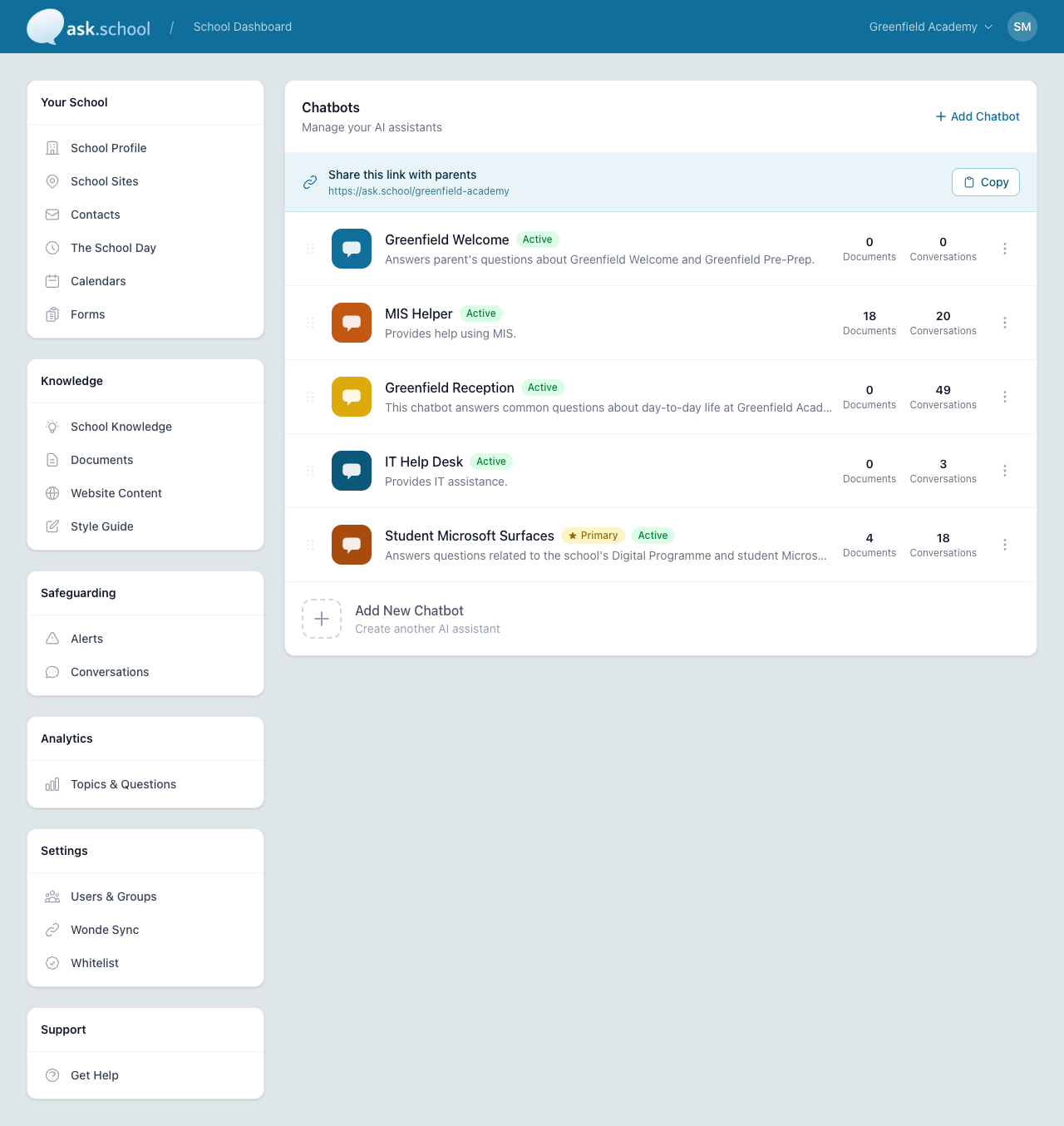 The School Dashboard showing the sidebar navigation and chatbots panel