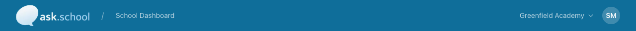 The top navigation bar showing the Ask.School logo, breadcrumb trail, school switcher, and user menu
