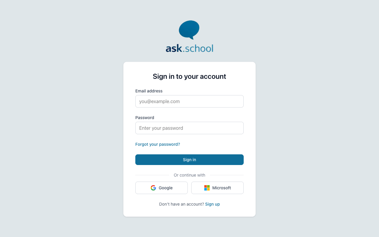 The Ask.School login page with the Forgot your password link visible below the password field
