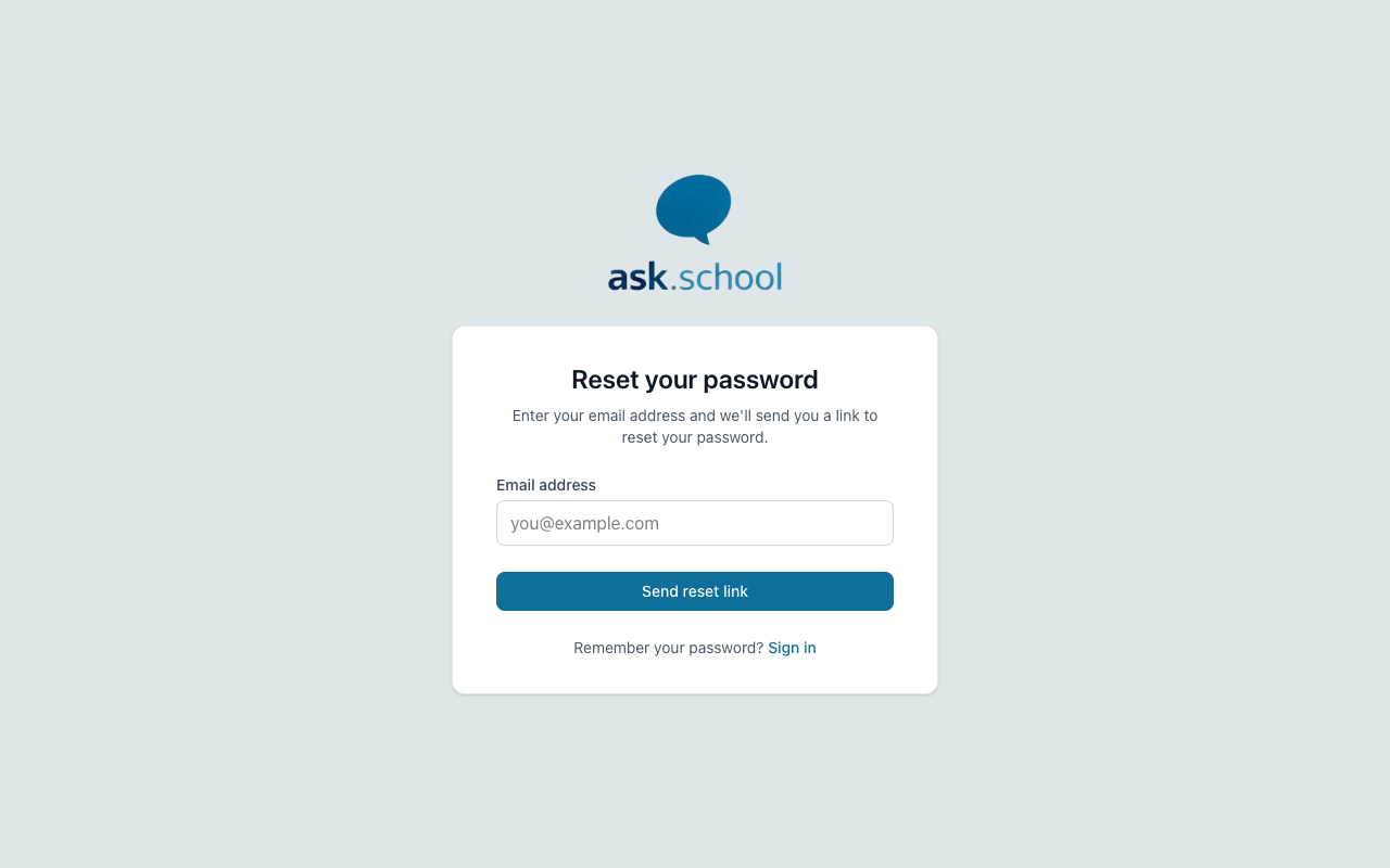 The password reset page with an email address field and Send reset link button