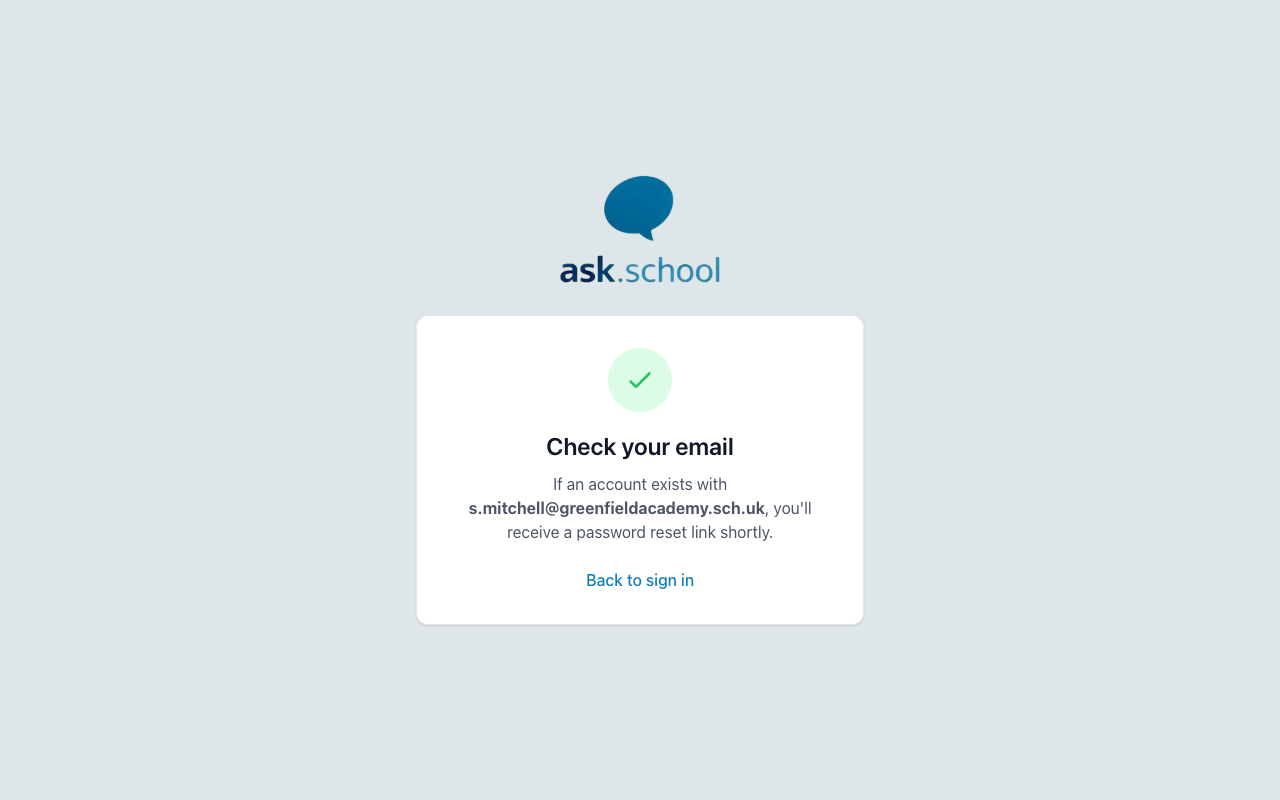 The confirmation screen showing a green tick and a message to check your email
