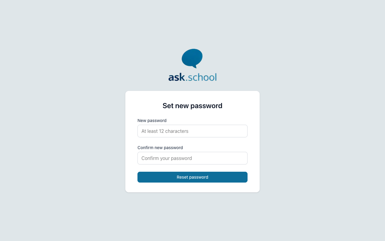 The set new password form with fields for new password and confirm new password
