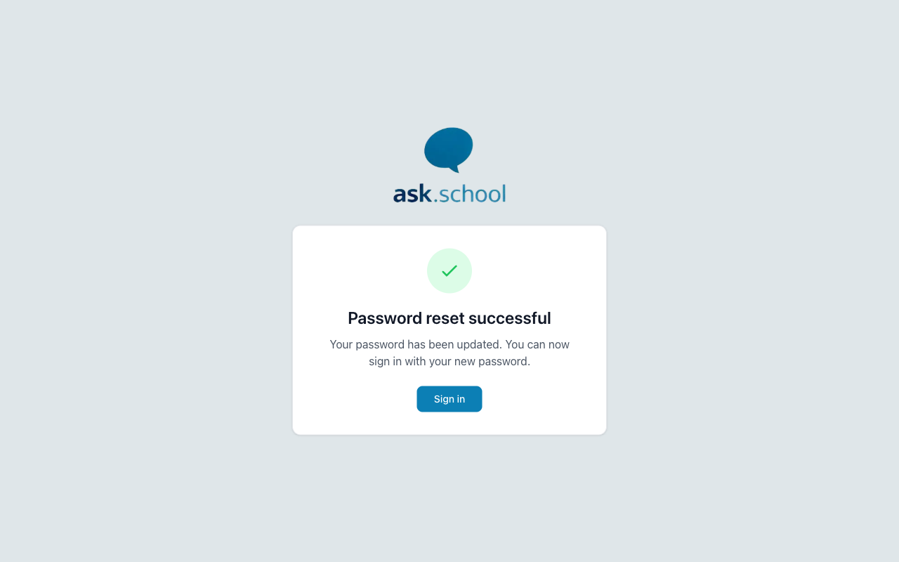 The password reset successful screen with a green tick and a Sign in button