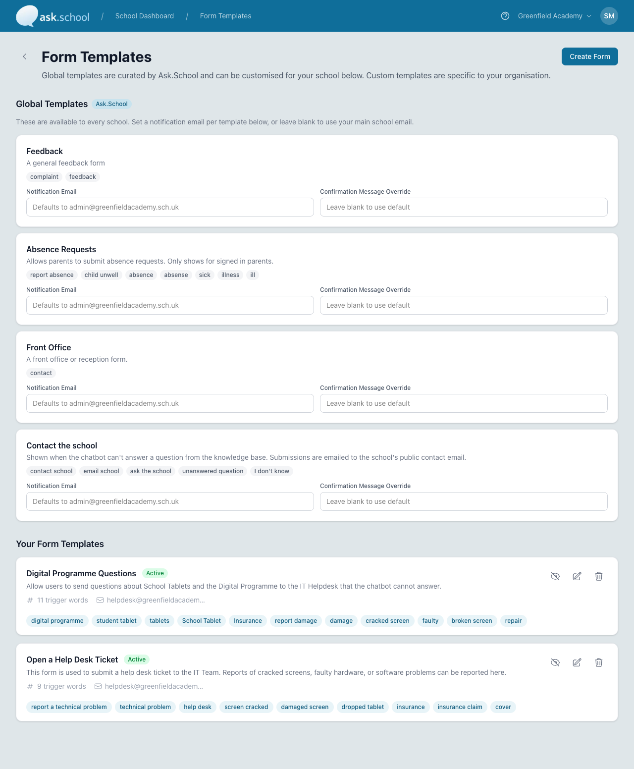 The Form Templates page showing Global Templates (Feedback, Absence Requests, Front Office, Contact the school) and the school's own custom Form Templates
