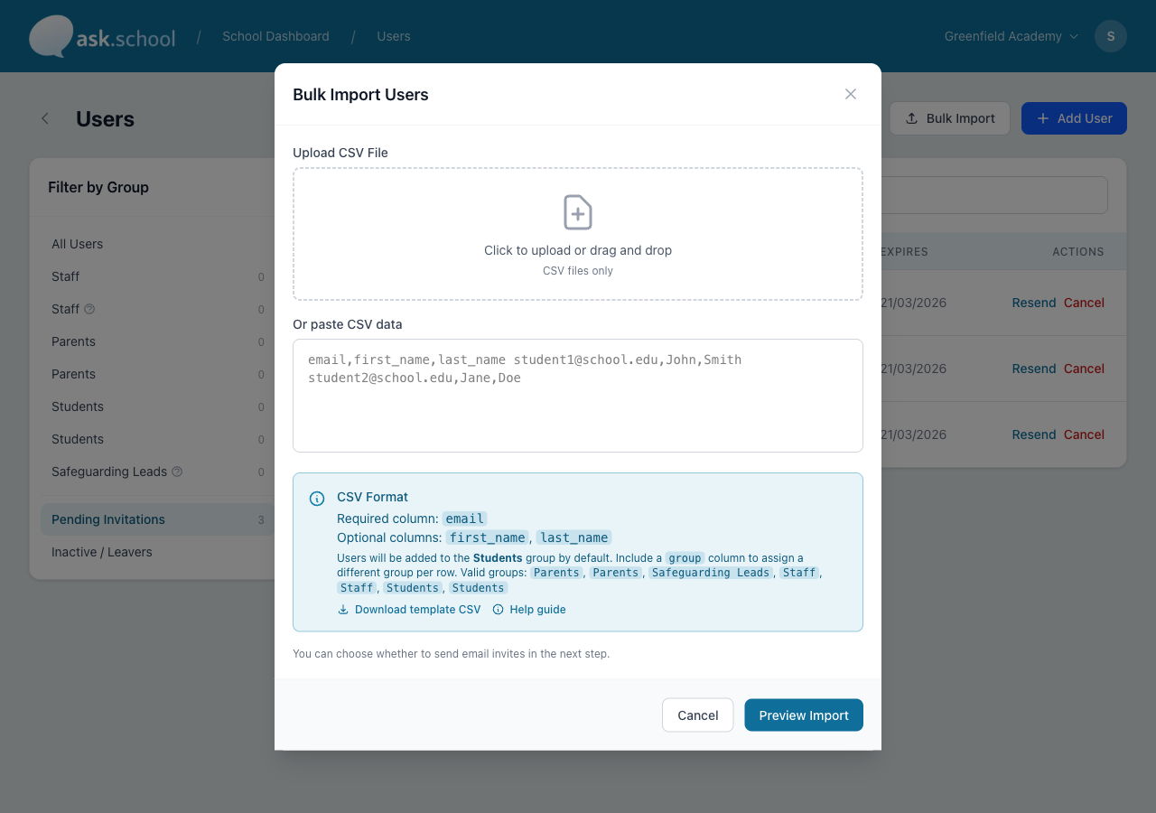Bulk Import dialog with CSV upload, paste area, and format guide