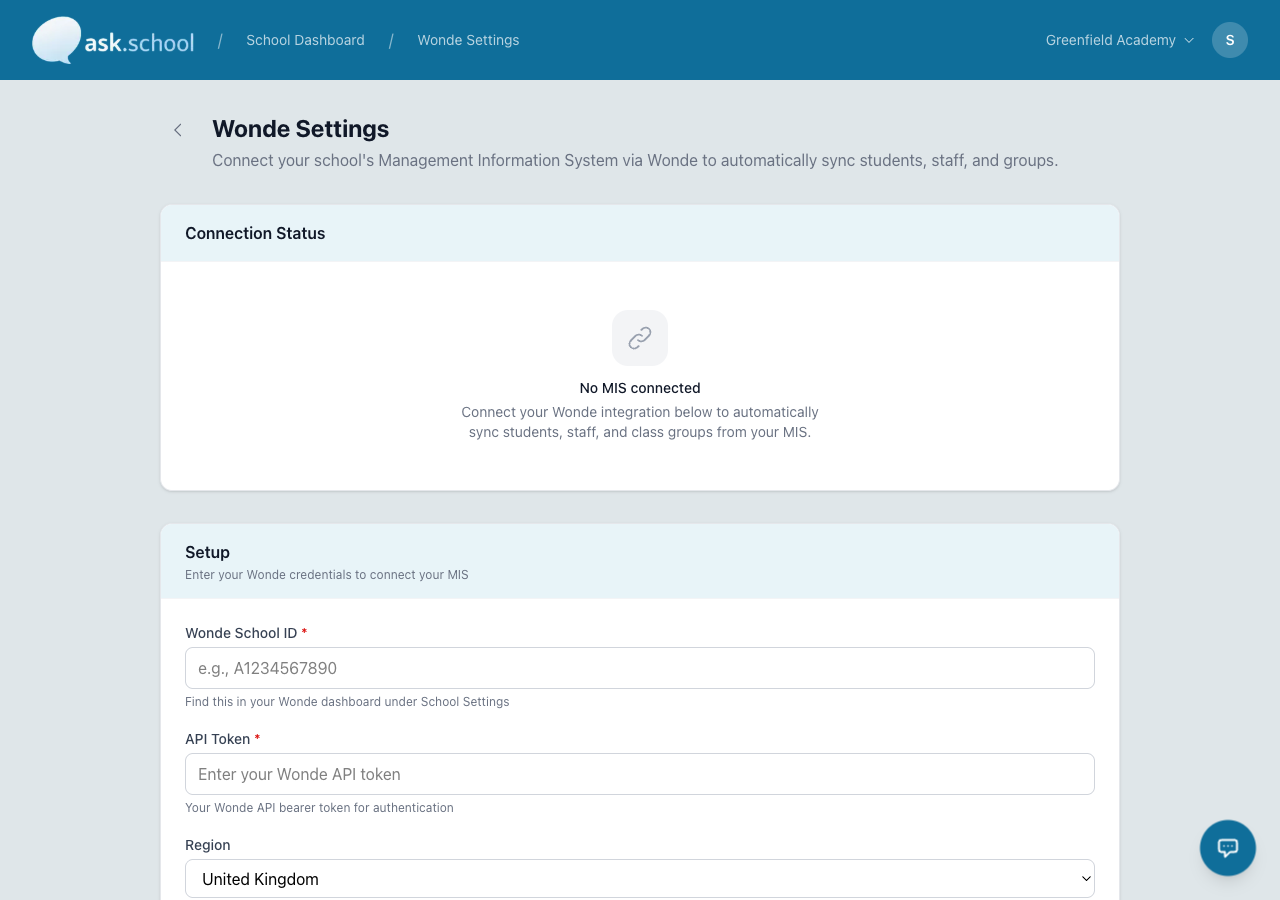 The Wonde Sync page on the Settings menu