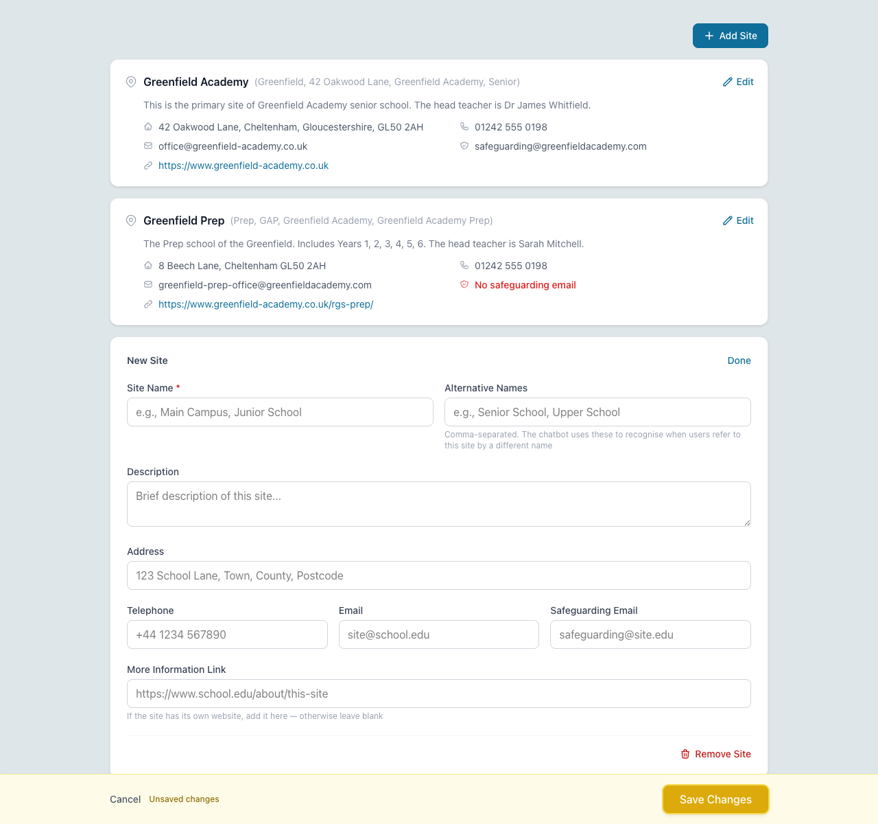 The Add Site form open below the existing sites, showing all available fields