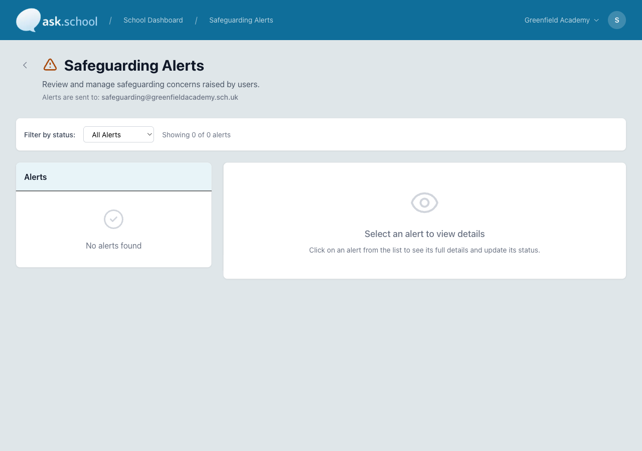 Safeguarding Alerts page with filter and alert detail panel