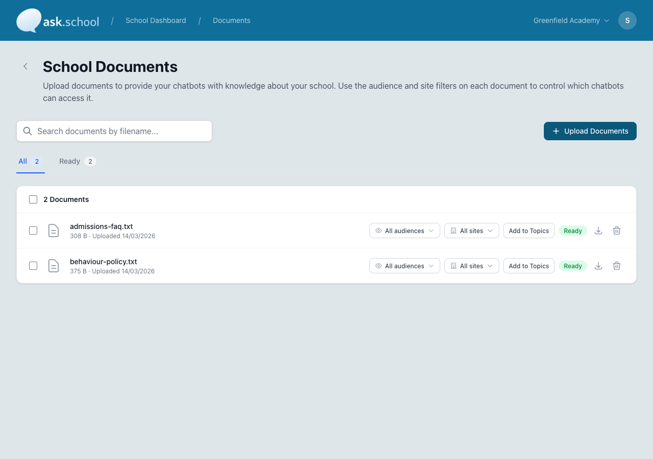 Document list with uploaded documents, search bar, and status indicators