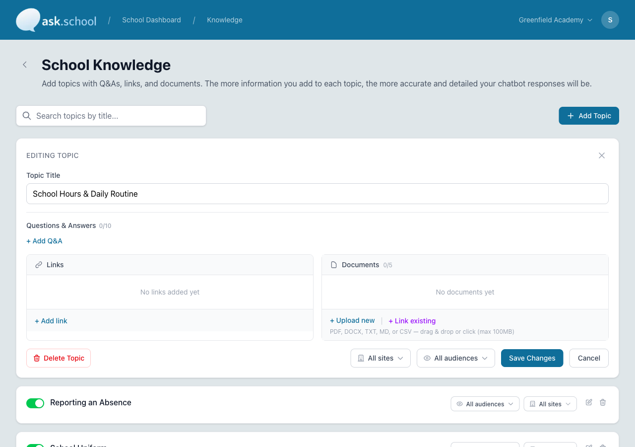 The topic editor showing Q&A pairs, related links, and document attachments