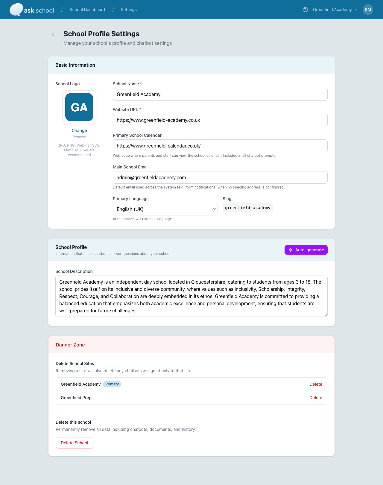 The full School Profile Settings page showing Basic Information, School Profile, and Danger Zone sections