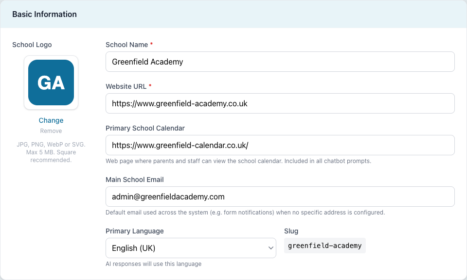 The Basic Information section showing logo, school name, website URL, calendar URL, main email, language, and slug fields