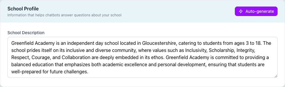 The School Profile section with the school description textarea and the Auto-generate button