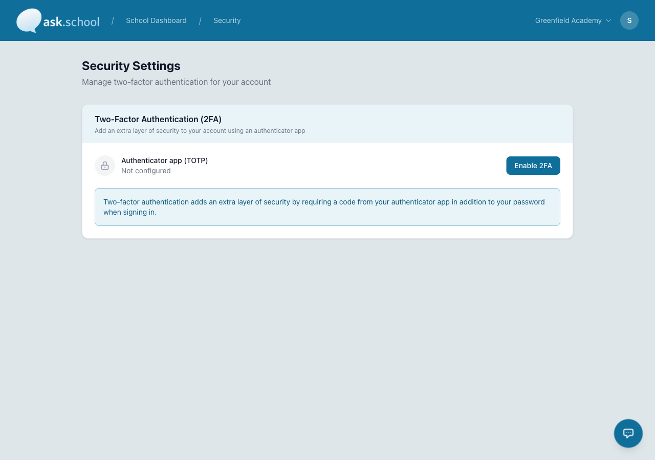 Security settings with 2FA configuration