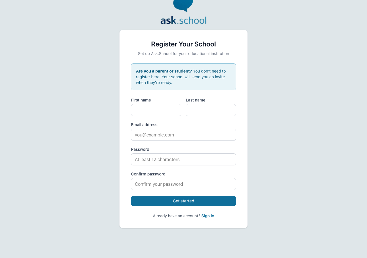 The Ask.School Register Your School page with empty form fields