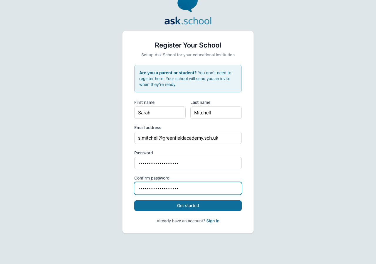 The registration form filled in with example details