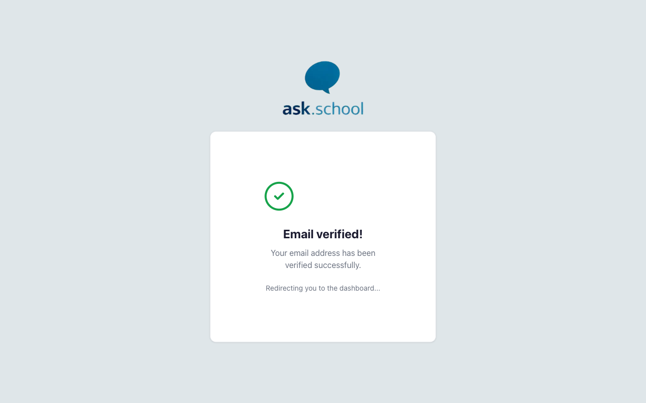 The email verified success screen with a green tick