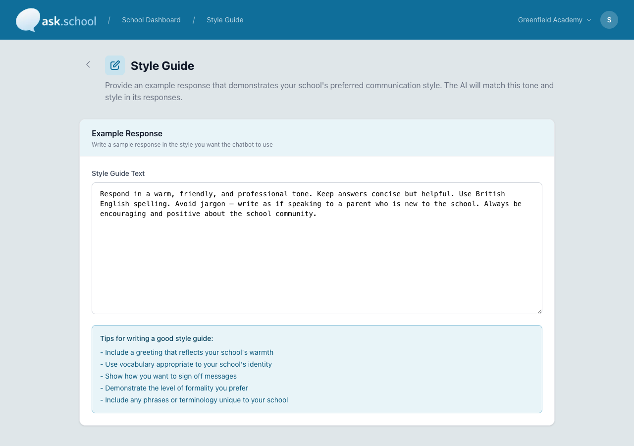 The Style Guide page with a list of question-and-answer entries
