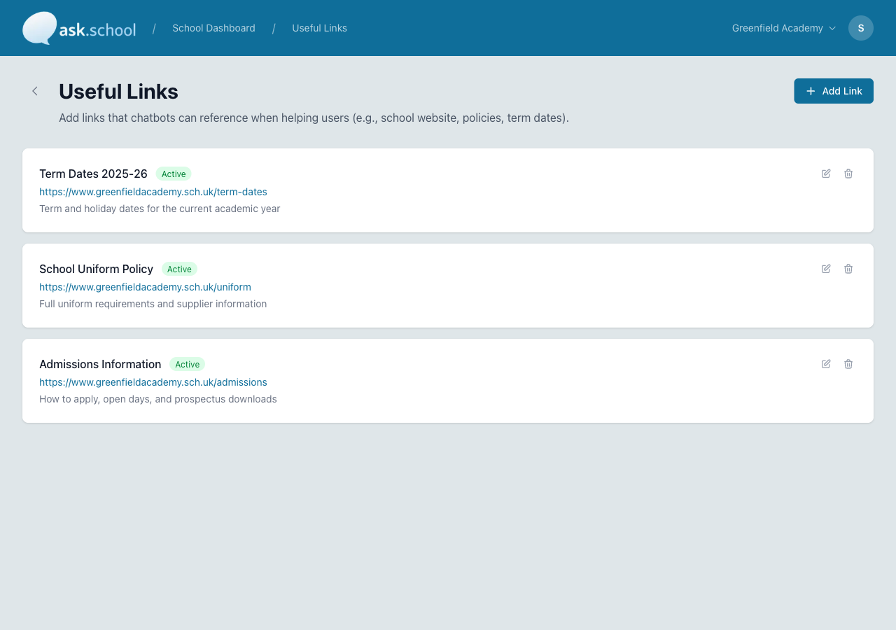 Useful links list with titles, URLs, and descriptions