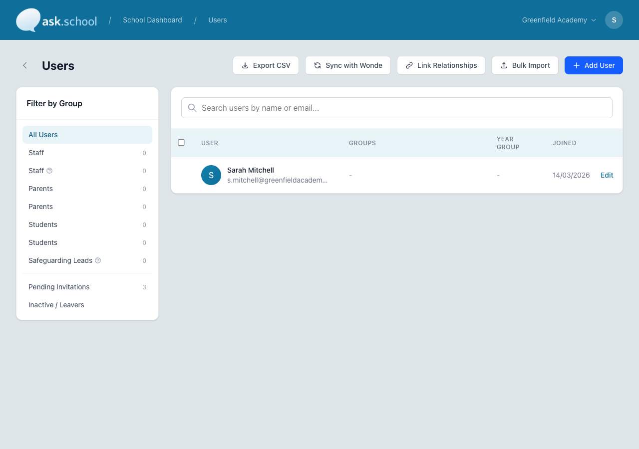 Users page with group sidebar, search, and user table