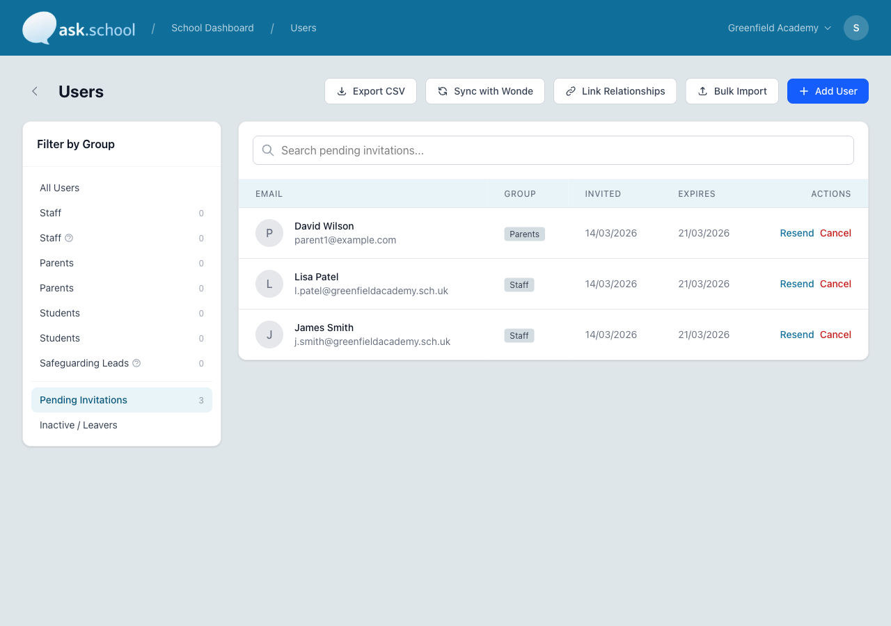 Pending invitations view with invited users