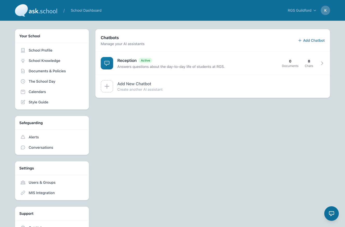 School Dashboard showing the Chatbots panel with the Add Chatbot button