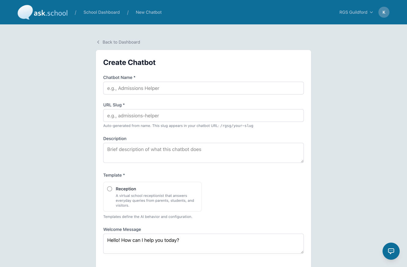 The Create Chatbot form showing all input fields