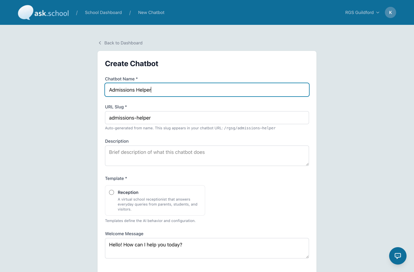 Chatbot Name field filled in with Admissions Helper and URL Slug auto-generated