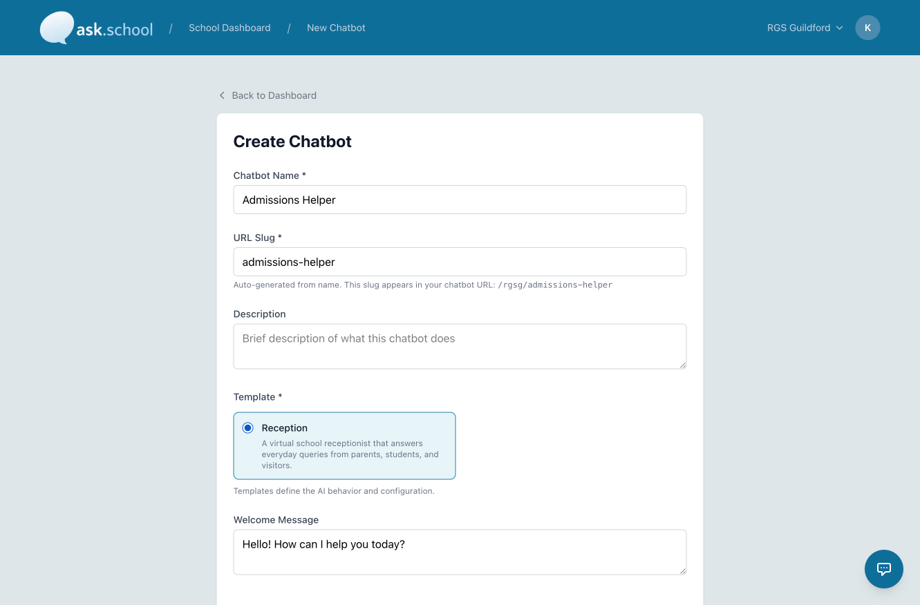 Reception template selected with blue highlight