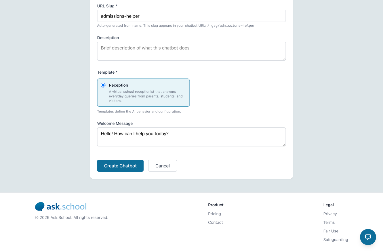 Create Chatbot and Cancel buttons at the bottom of the form